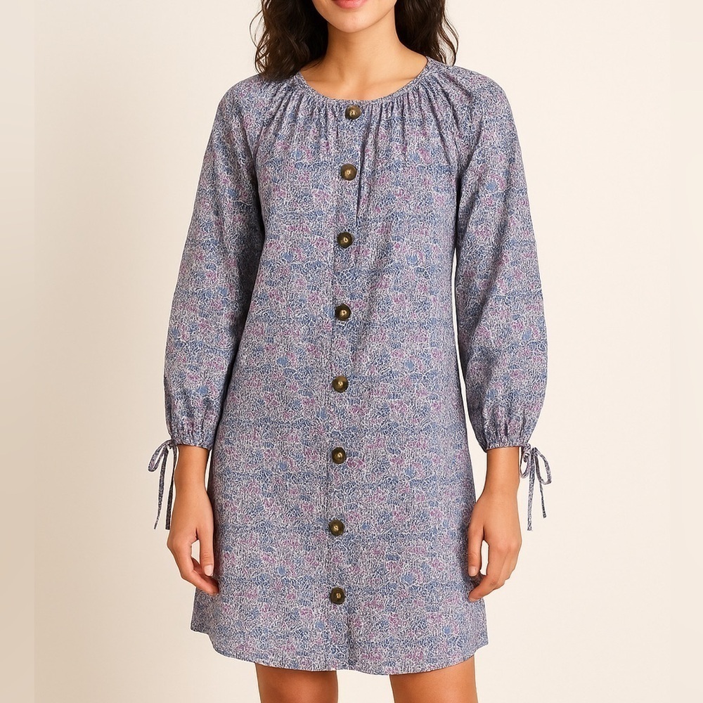 J. Crew Liberty London Puff Sleeve Floral Dress S Purple Blue SP22 100% Cotton
